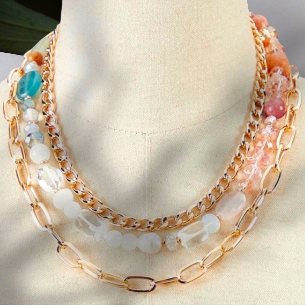 NEW Multi-Color Semi-Precious Beaded Stone & Chain Layered Necklace
